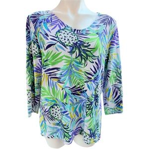 Tropical Pineapple Print Scoop Neck Top - Green & Blue Lycra